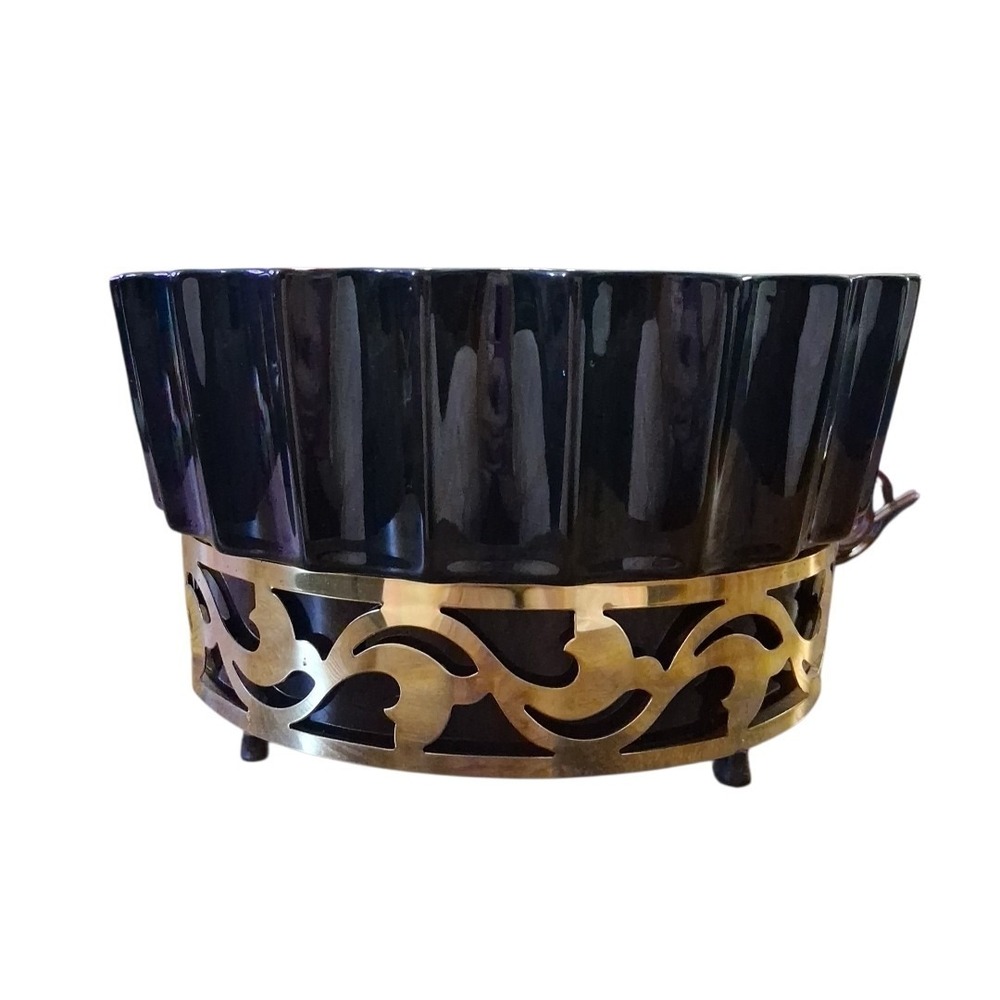 Vtg 1953 Miramar of CA TV Lamp Rippled Black Planter w/Gold Ornate Metal Base